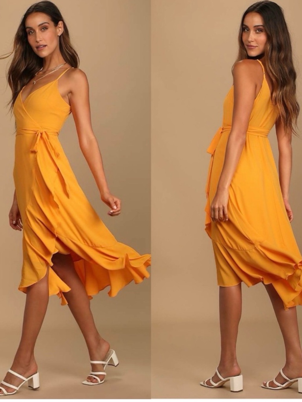 Lulu’s Spaghetti Strap Wrap Midi Dress in Bright Yellow